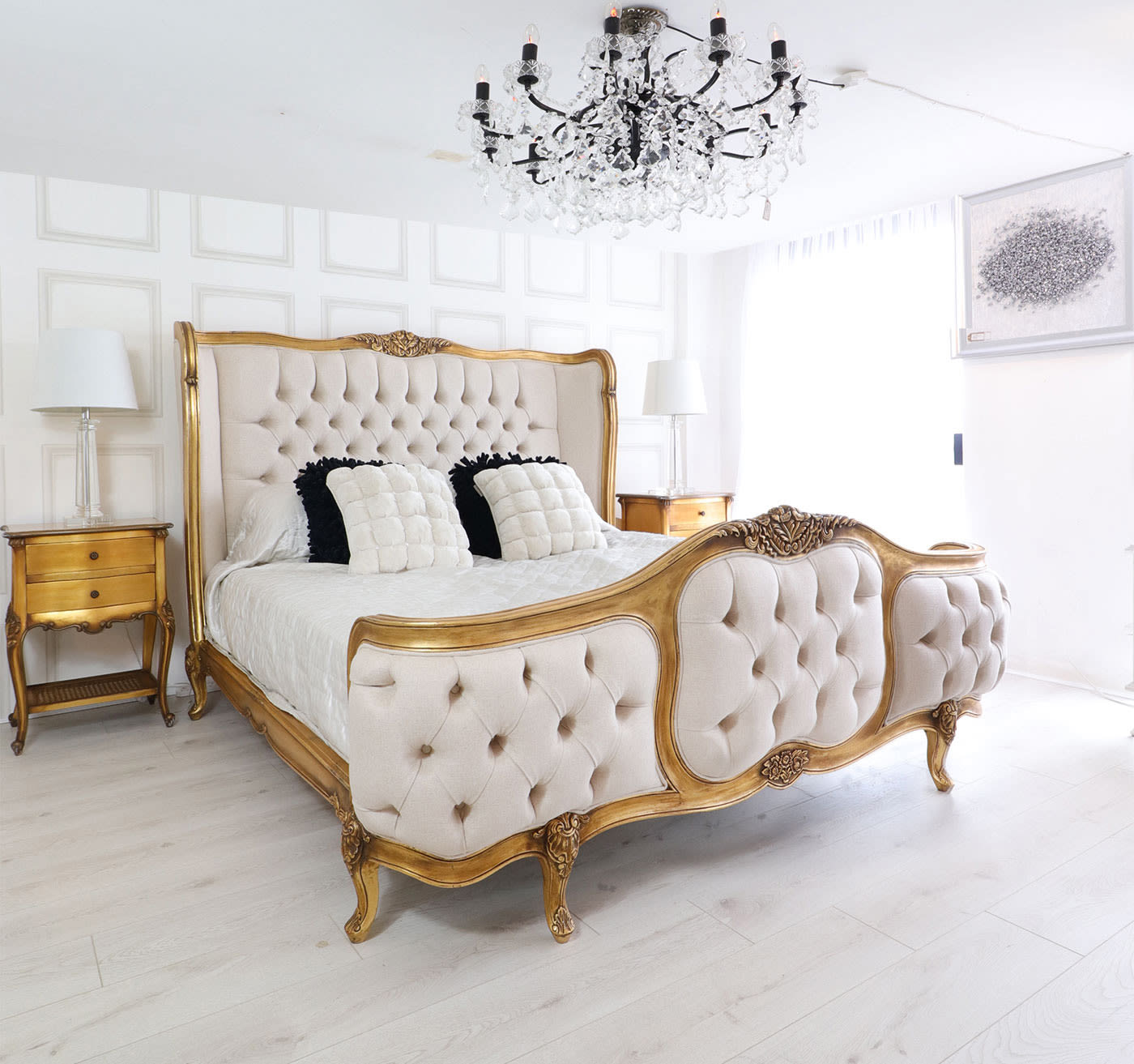 French Style Gold Gilt Upholstered Bed 5ft Kingsize