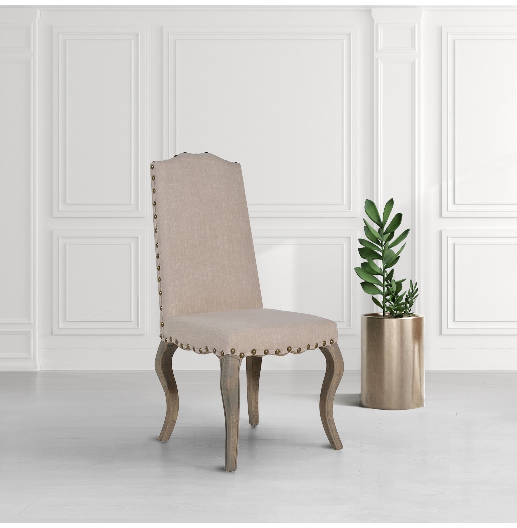 Studded Edged Light Beige Linen Dining Chair