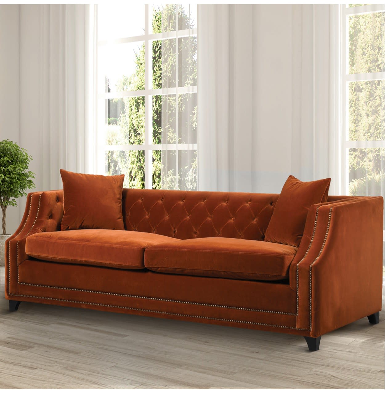 Burnt Orange Sienna Velvet Buttoned Sofa Bed