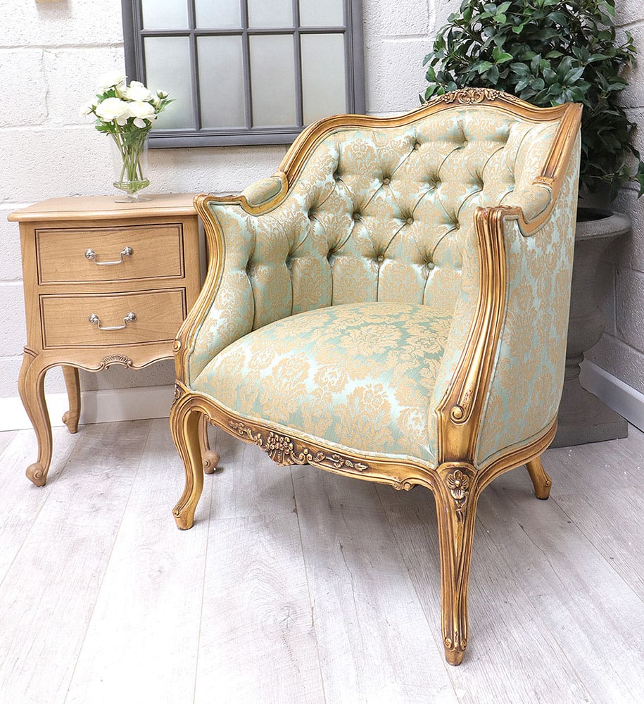 French Style Gold Gilt Patterned Silk Armchair