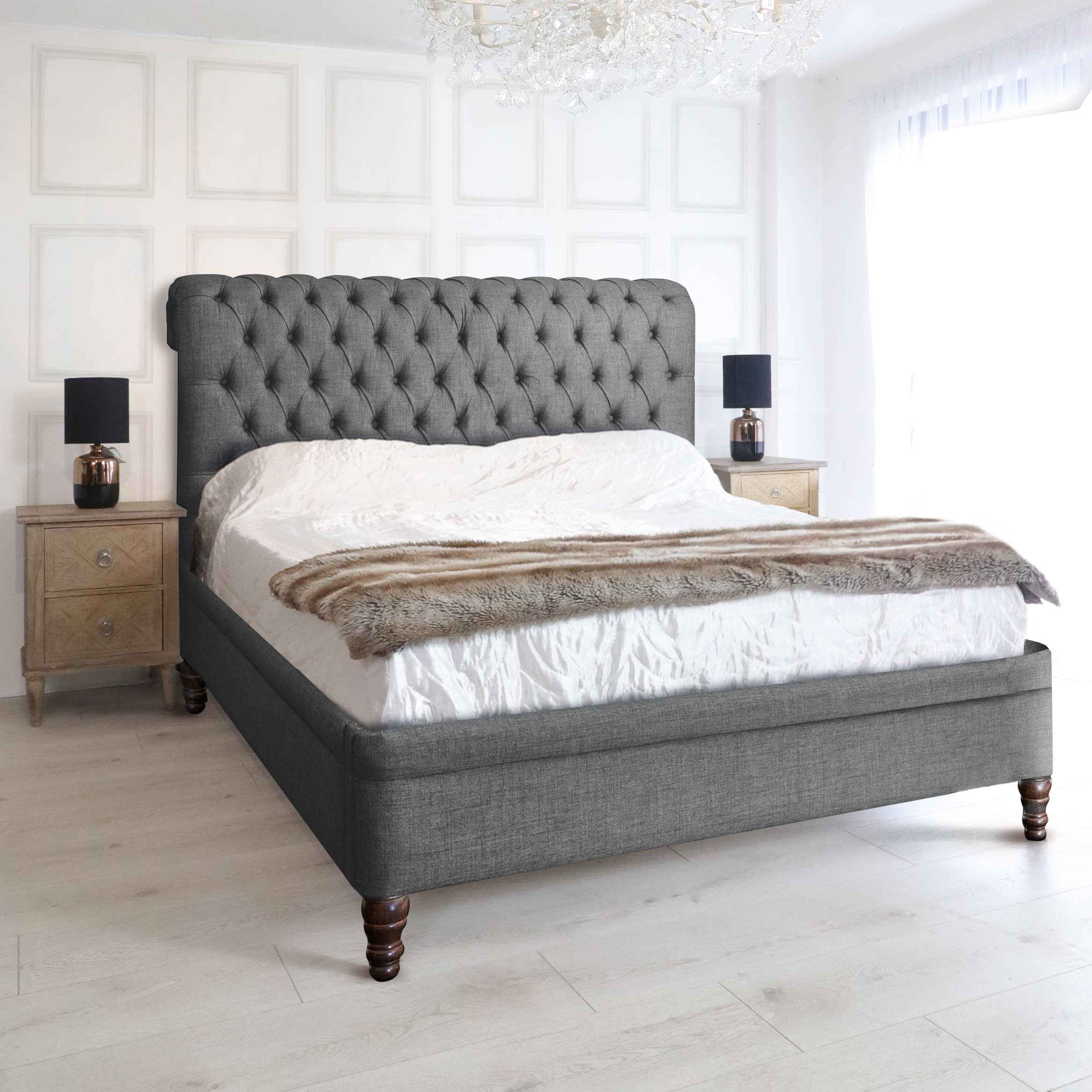 Grey Buttoned Scroll Upholstered Bed Low Footend