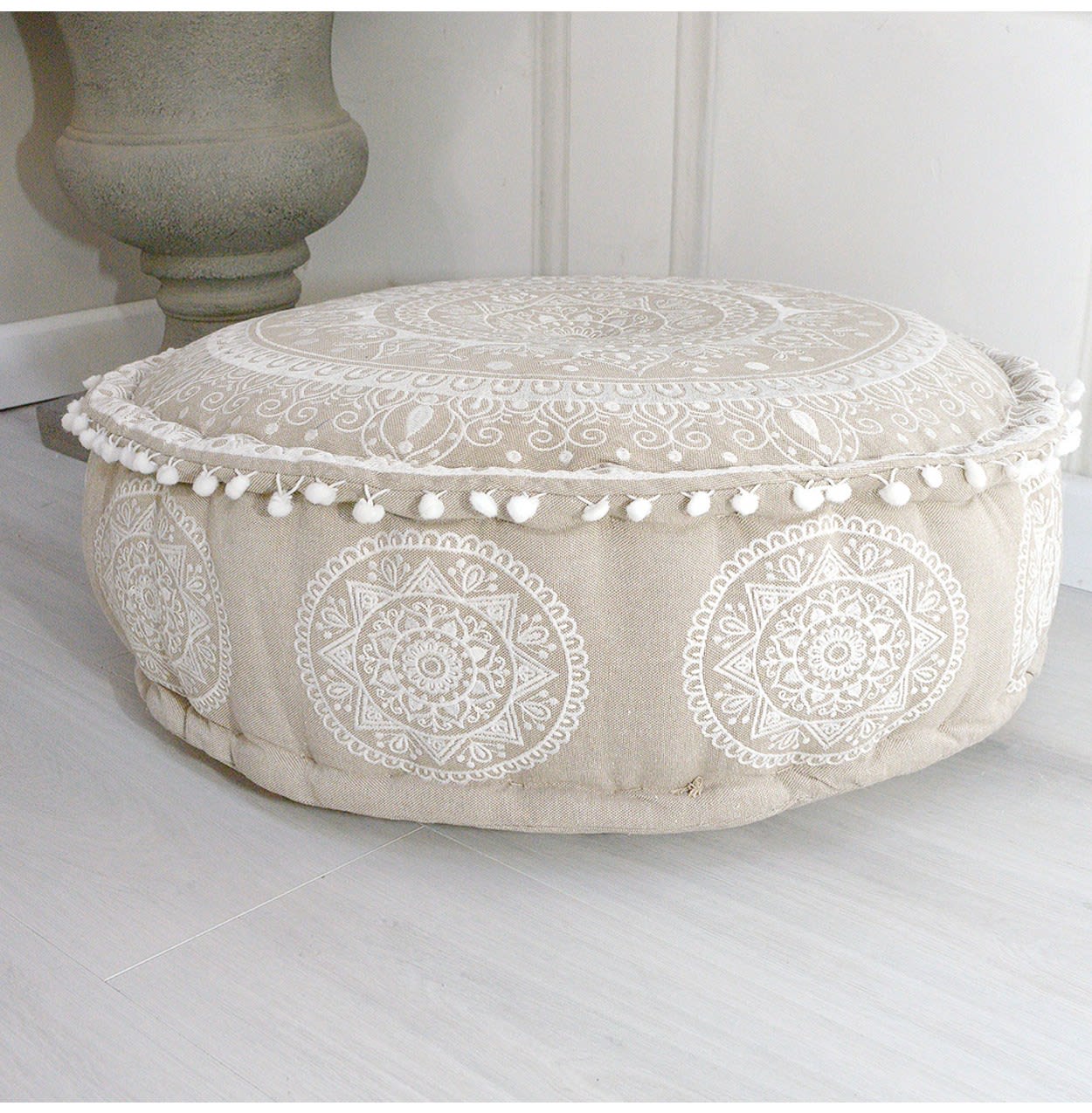 Natural Embroidered Pouf with Pompom