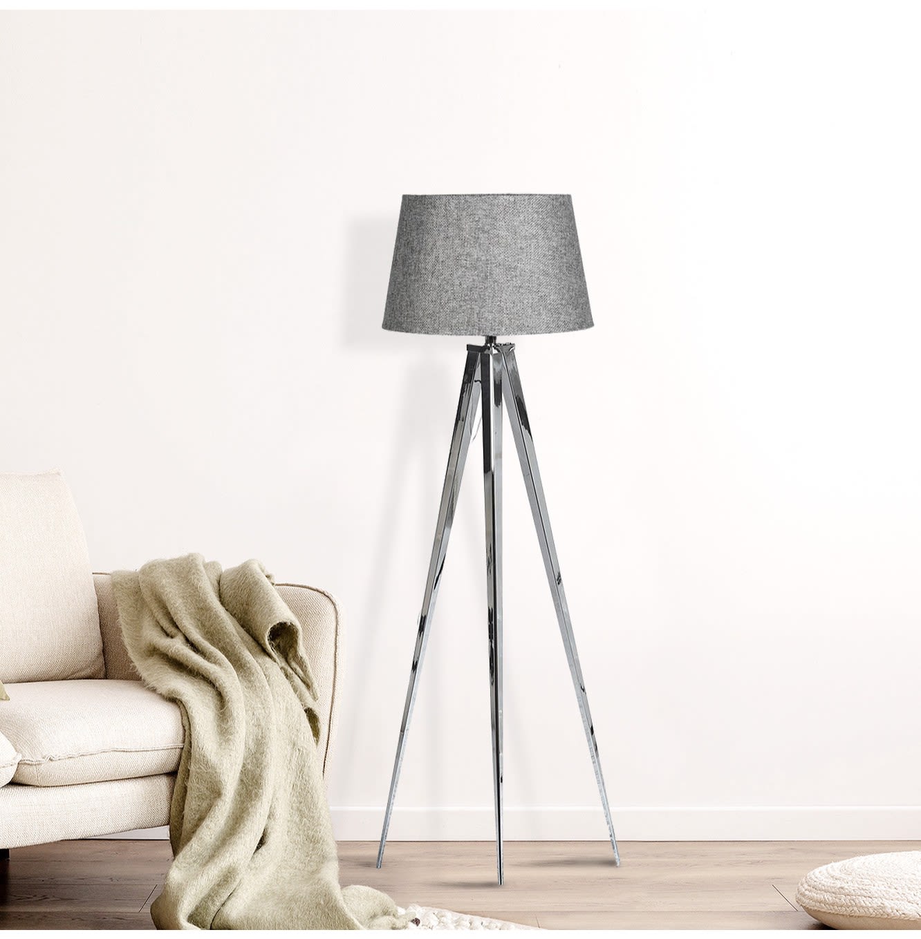 Grey and Chrome Tripod Floor Lamp