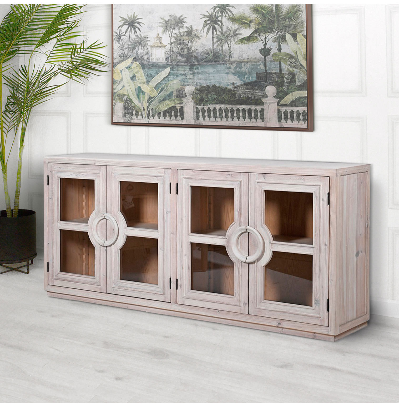 Pale Pine and Glass Front Large Sideboard