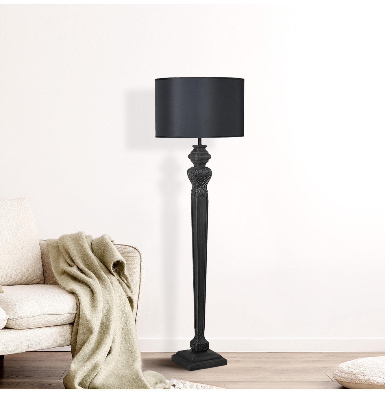 Carved Blackened Wood Floor Lamp