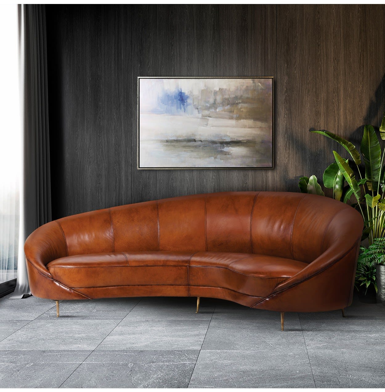 Vintage Brown Italian Leather Curve Sofa