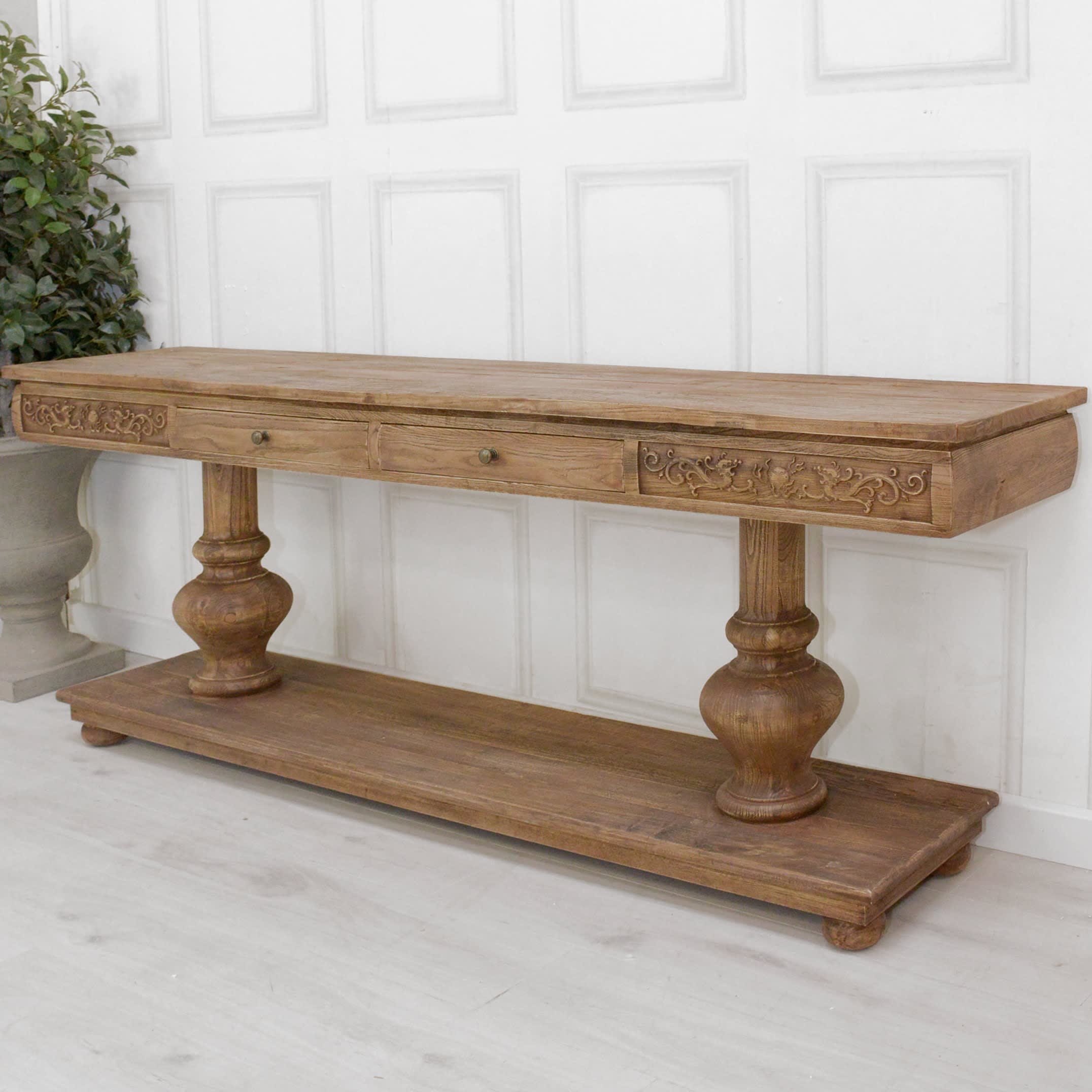 Old Elm Farmhouse Ornate Carved Hall Table