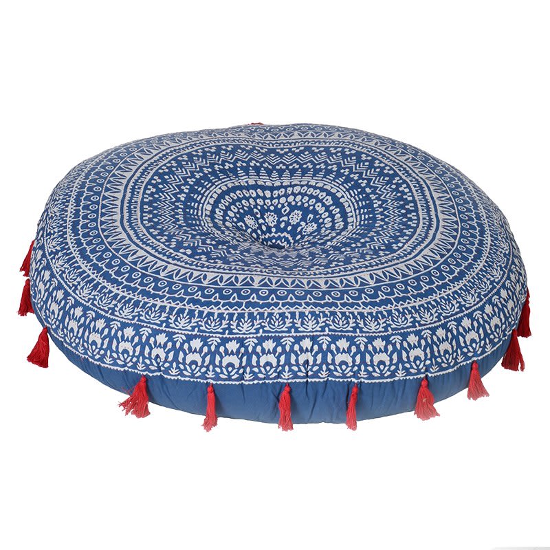Blue Mandala Pattern Pouf with Red Tassel Detail