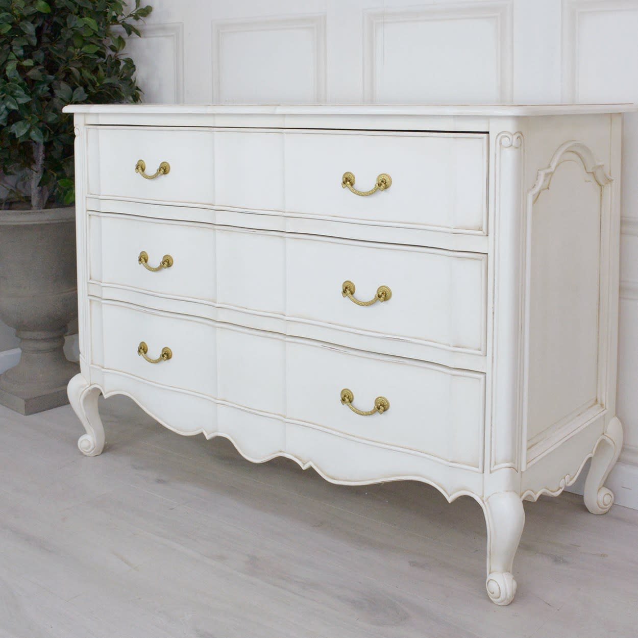 French Style White Louis Chest of Drawers Gold Handles