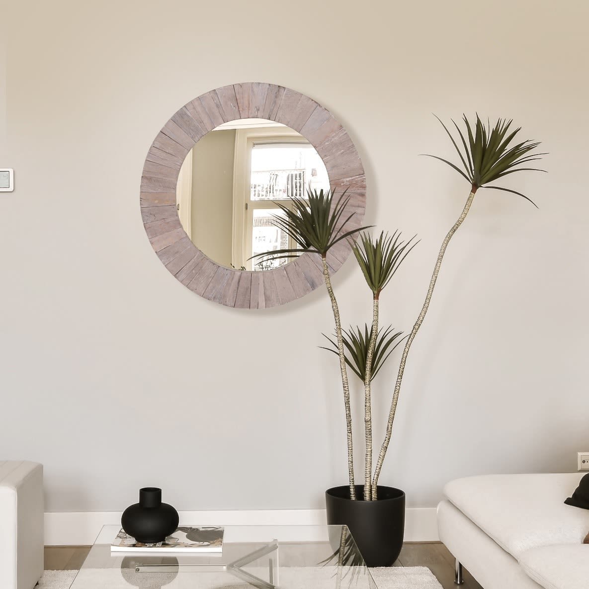 Pale Wood Round Wall Mirror