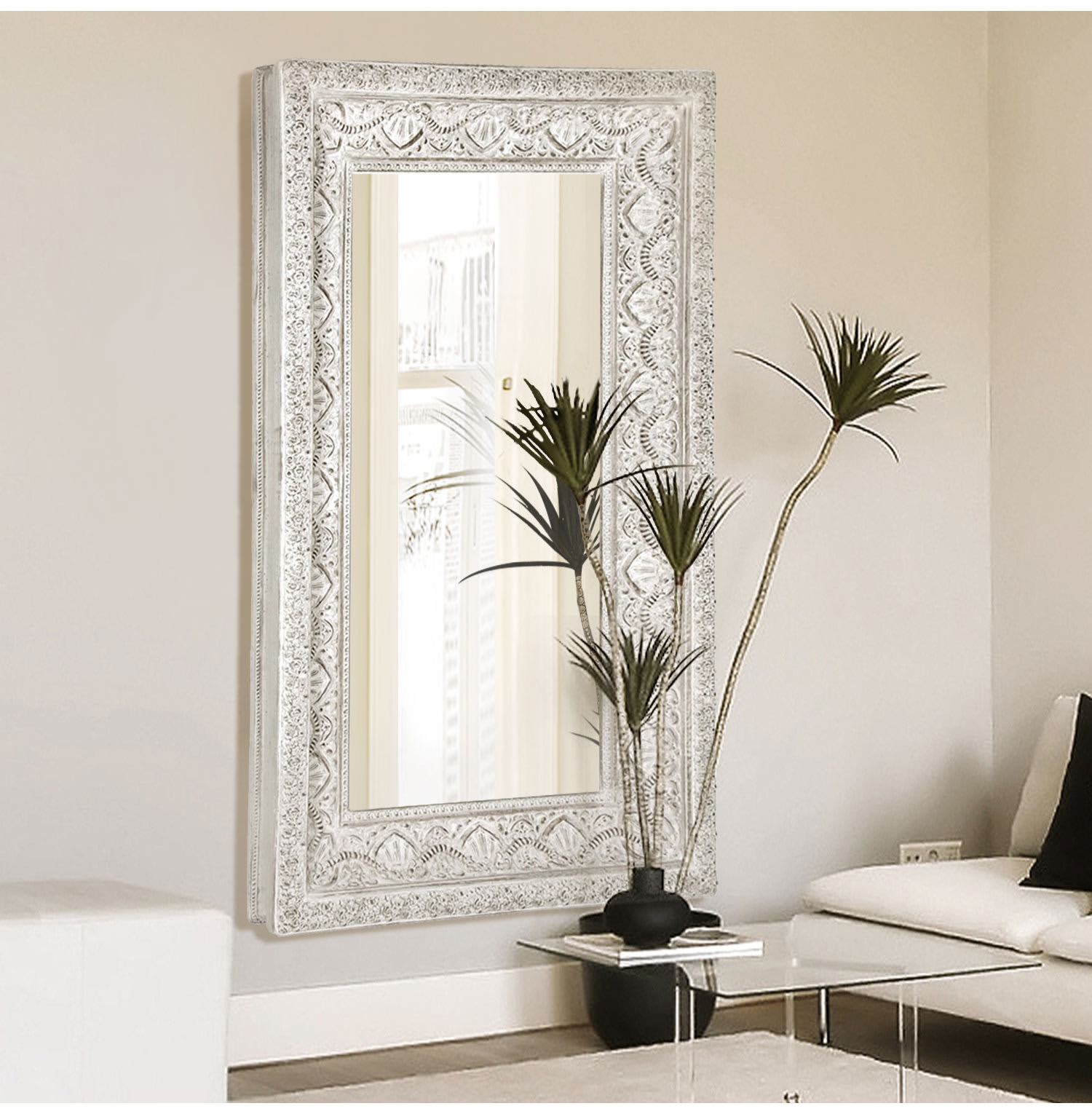 Large White Embossed Mirror