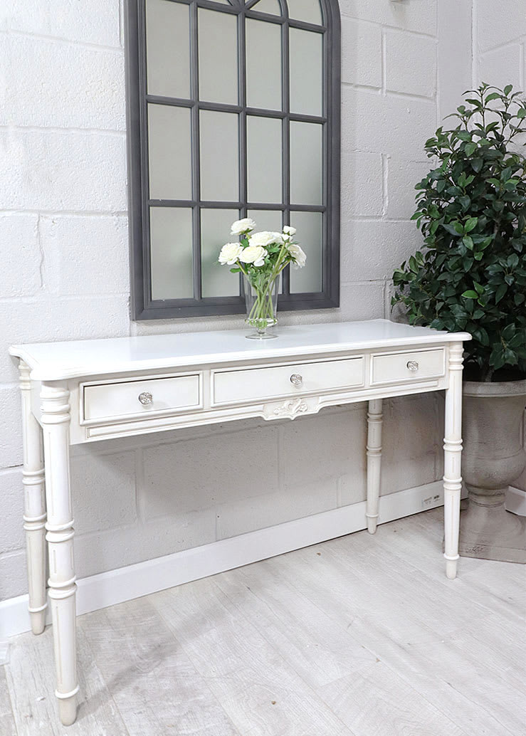 French Style White 3 Drawer Table Crystal Handles