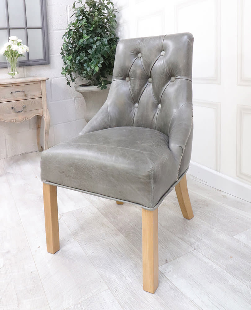 Grey Vintage Leather with Studs Dining Chair