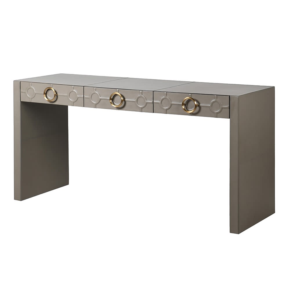Grey Leather Stitched Hall Console Table with Drawers