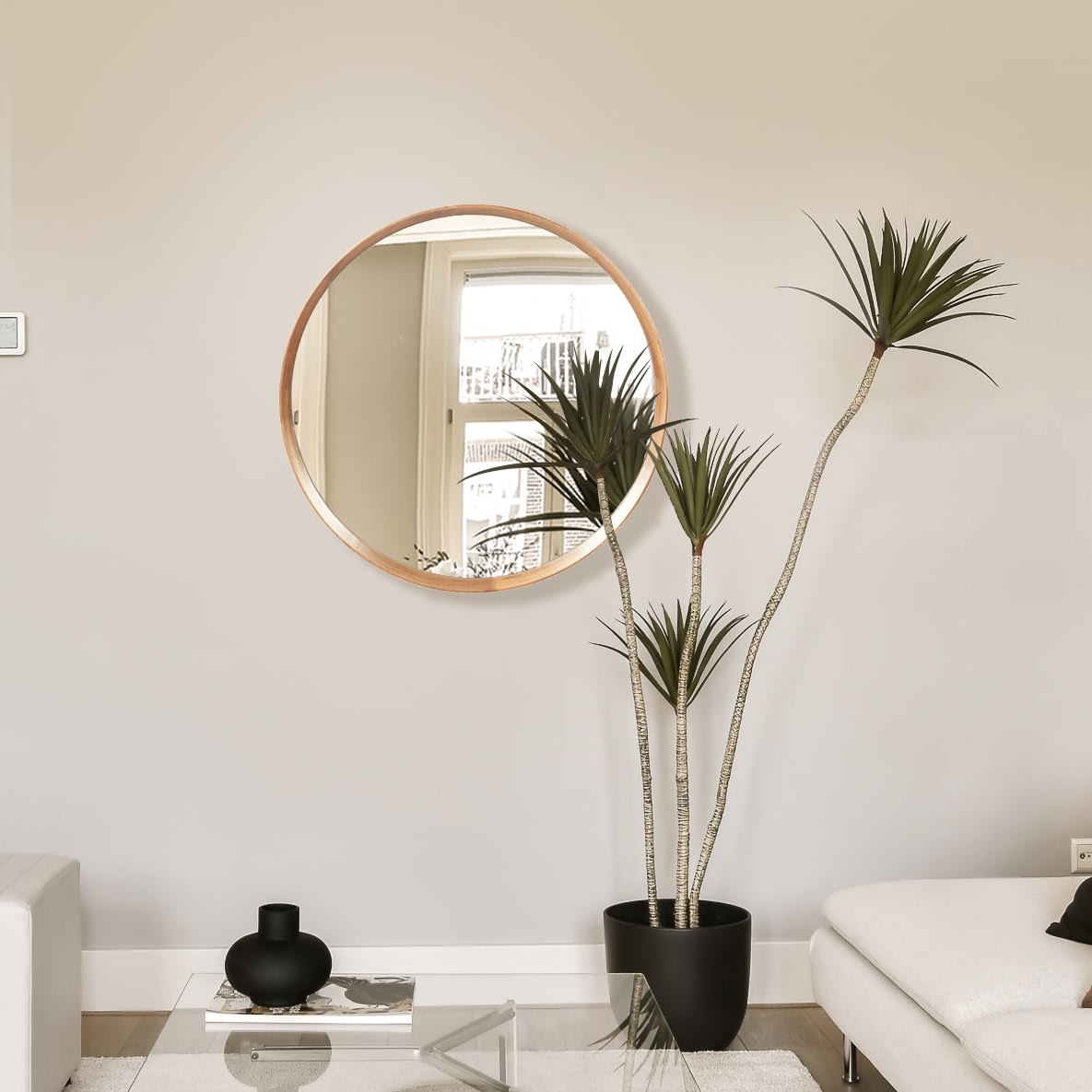 Minimalist Round Wall Mirror with Wooden Trim