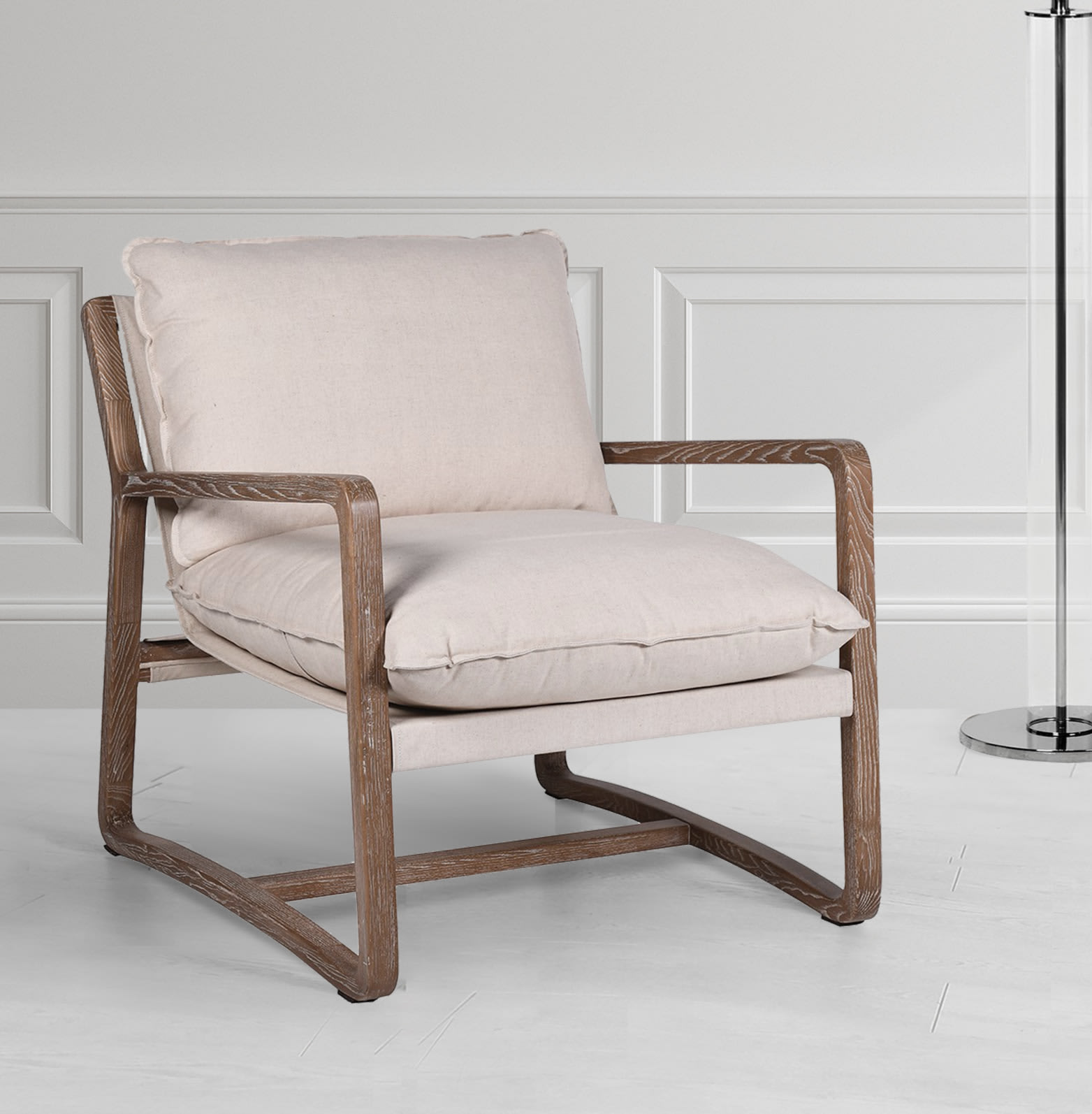 Linen Upholstered Armchair with Wooden Frame.