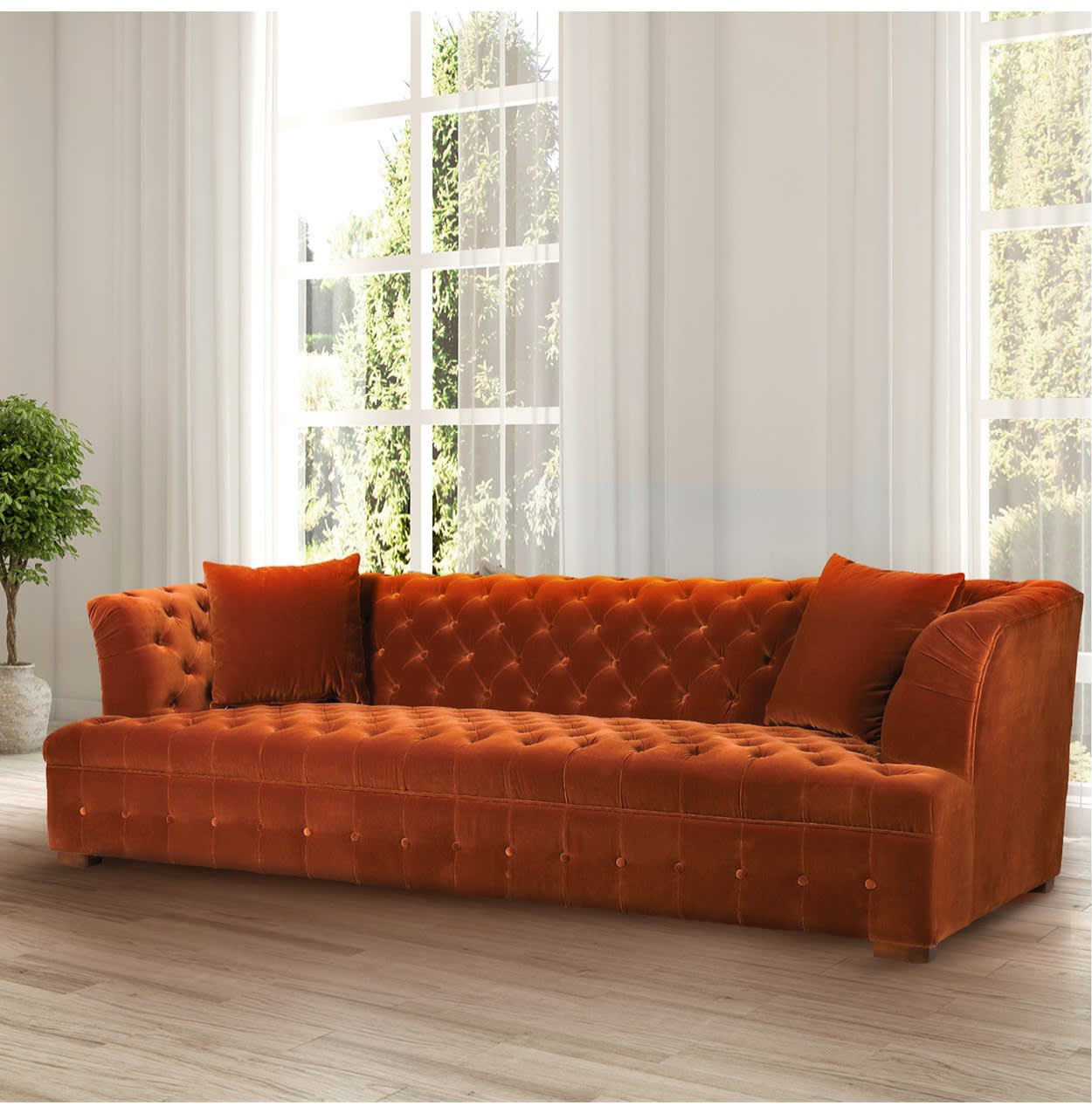 Sunset Orange Velvet Cotton Large Buttoned Sofa 