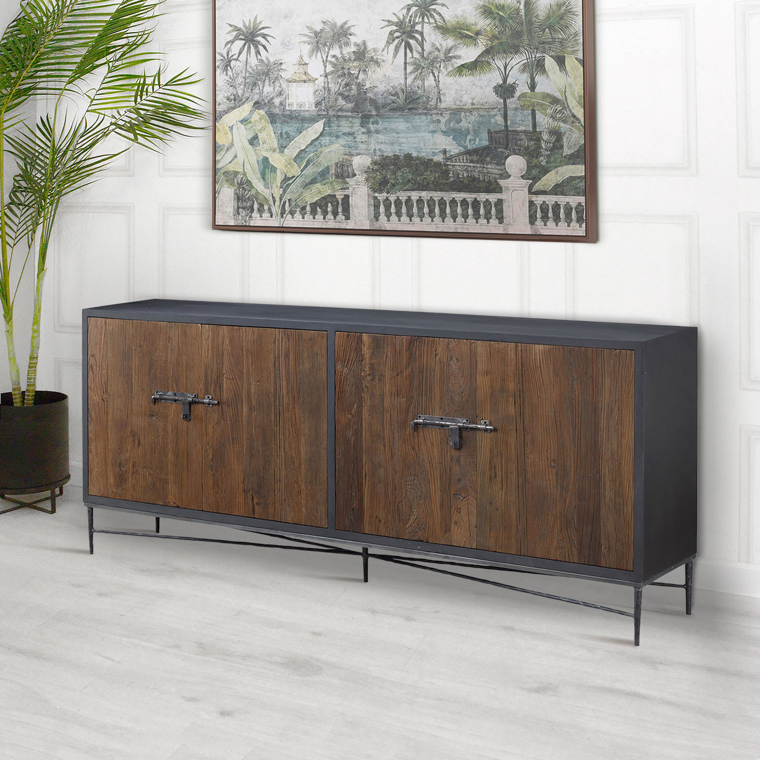 Avery Brown Elm and Iron Wooden Large Sideboard 