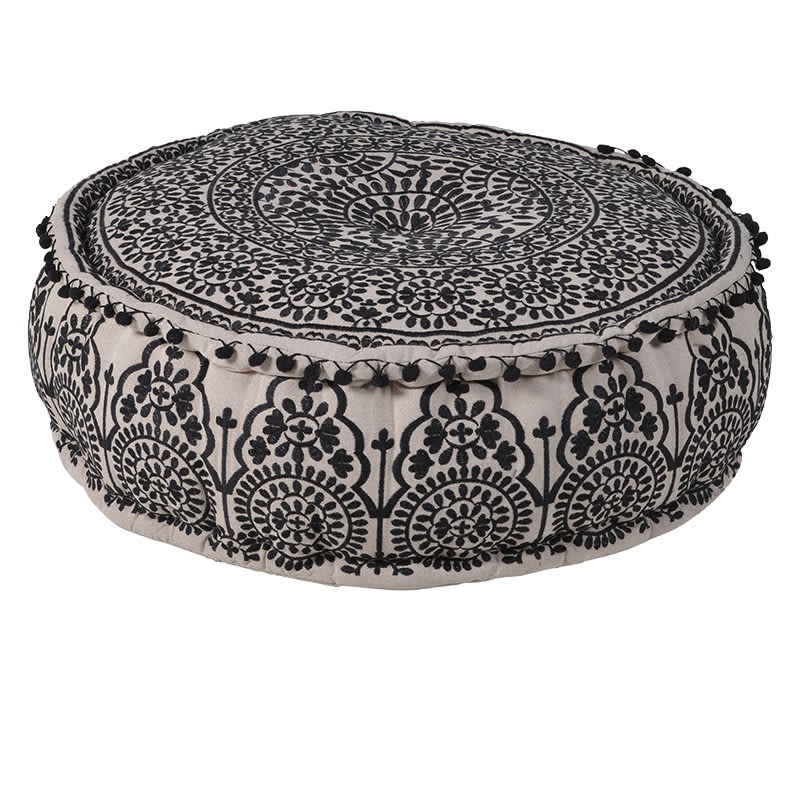 Black Embroidered Pouf with Pompom