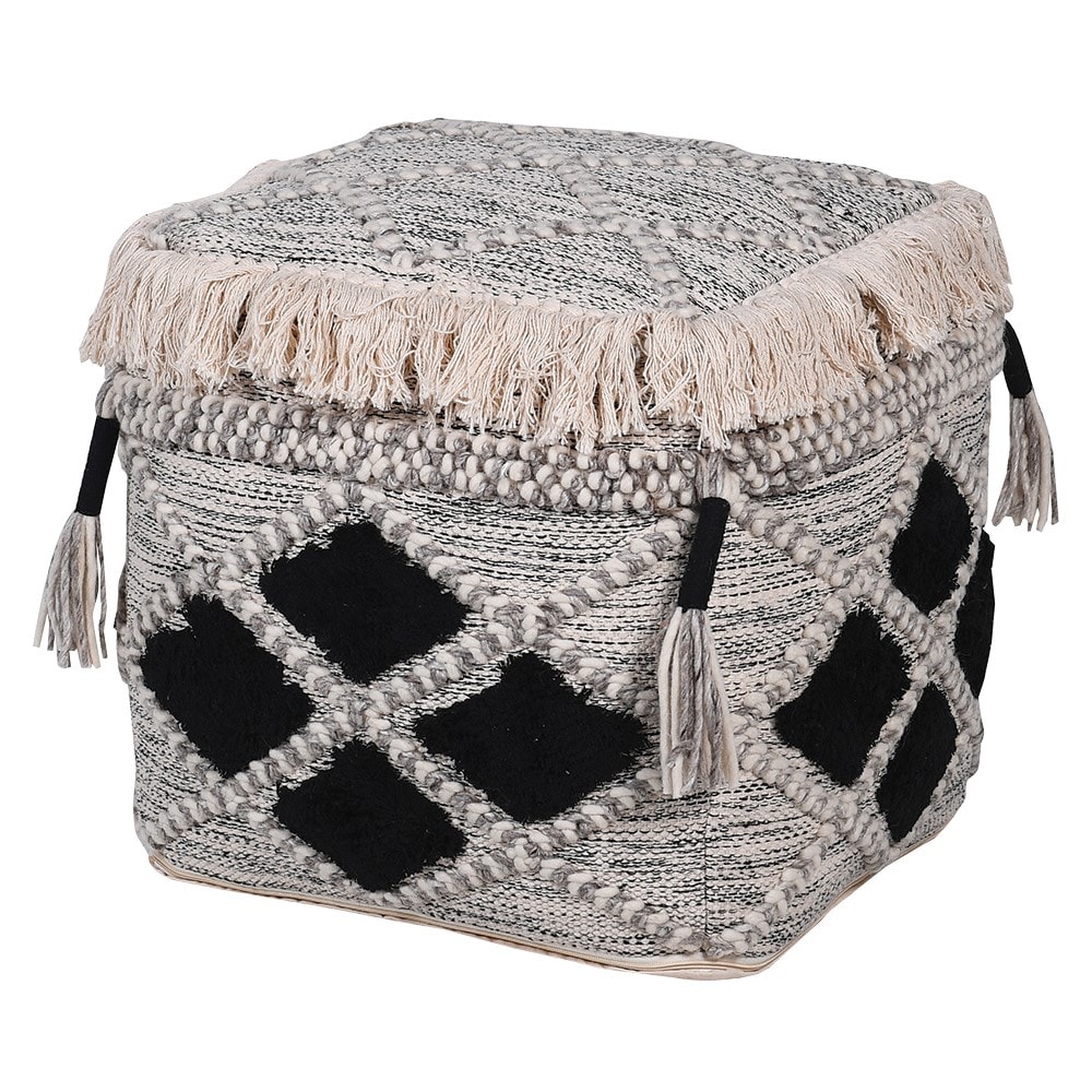 Monochrome Patterned Pouf with Fringe
