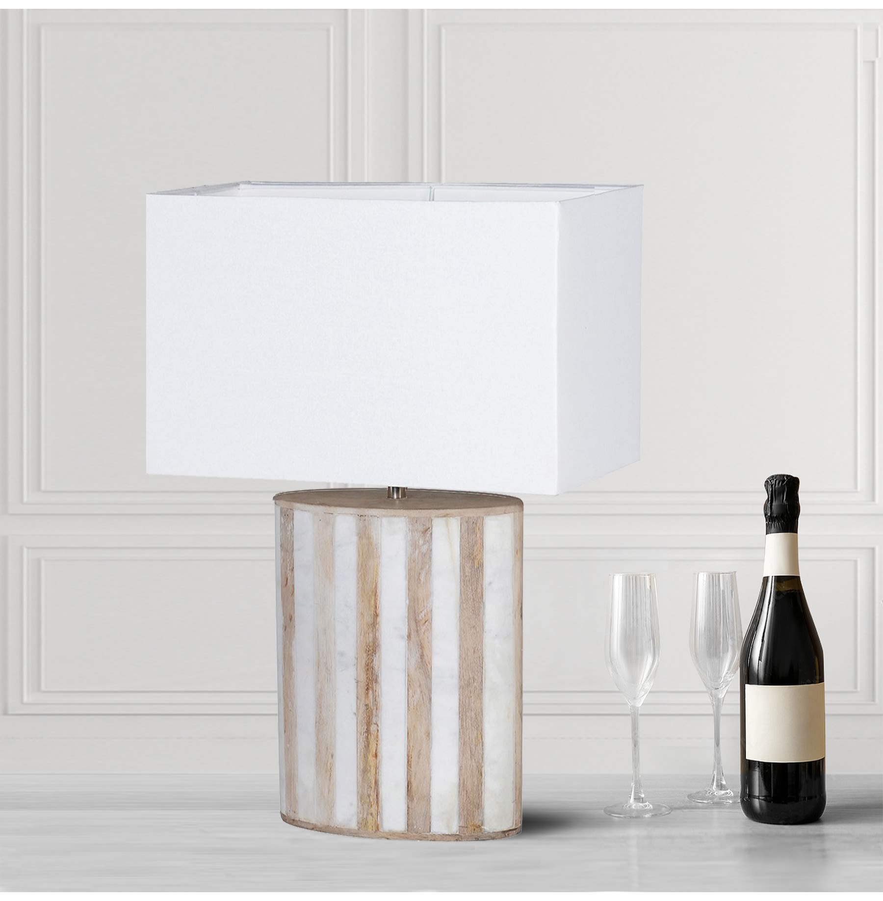 White Marble and Wood Table Lamp