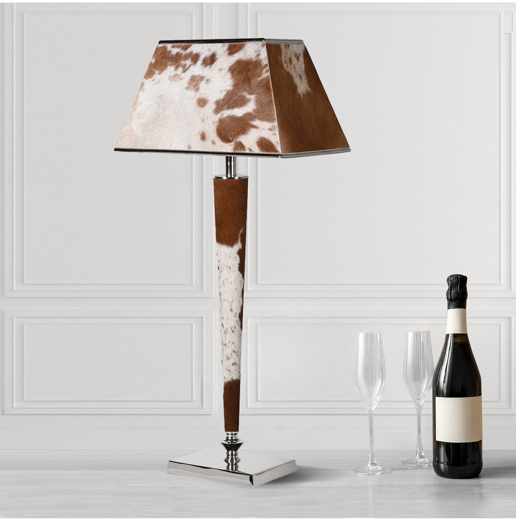 Cow hide and chrome table lamp