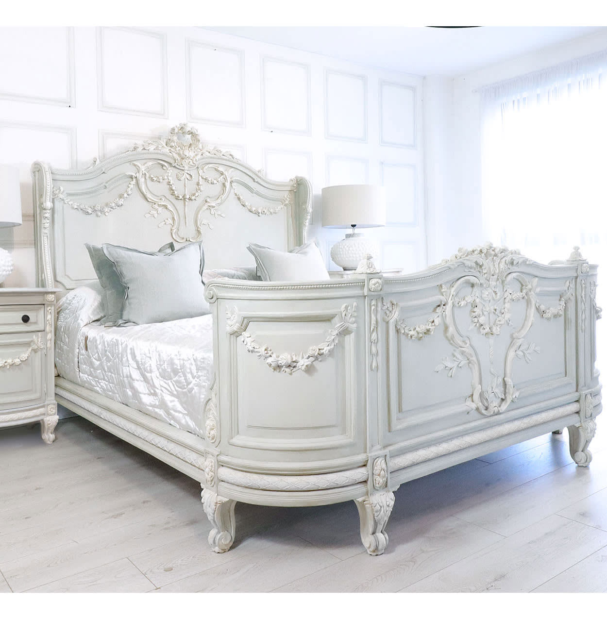 French Style Classic Carved Bed in creamy blue-grey finish, constructed from high-quality mahogany wood and resin.