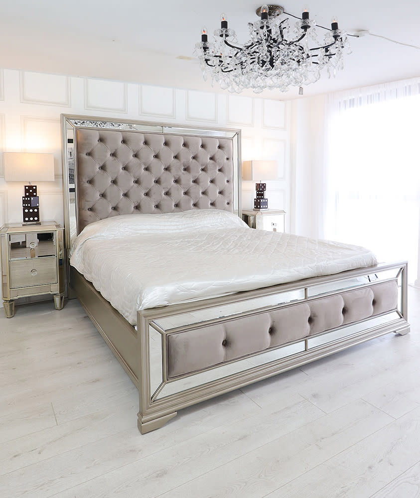 Vida Living Jessica Taupe Mirrored Bed 5ft Kingsize Buttoned Headboard
