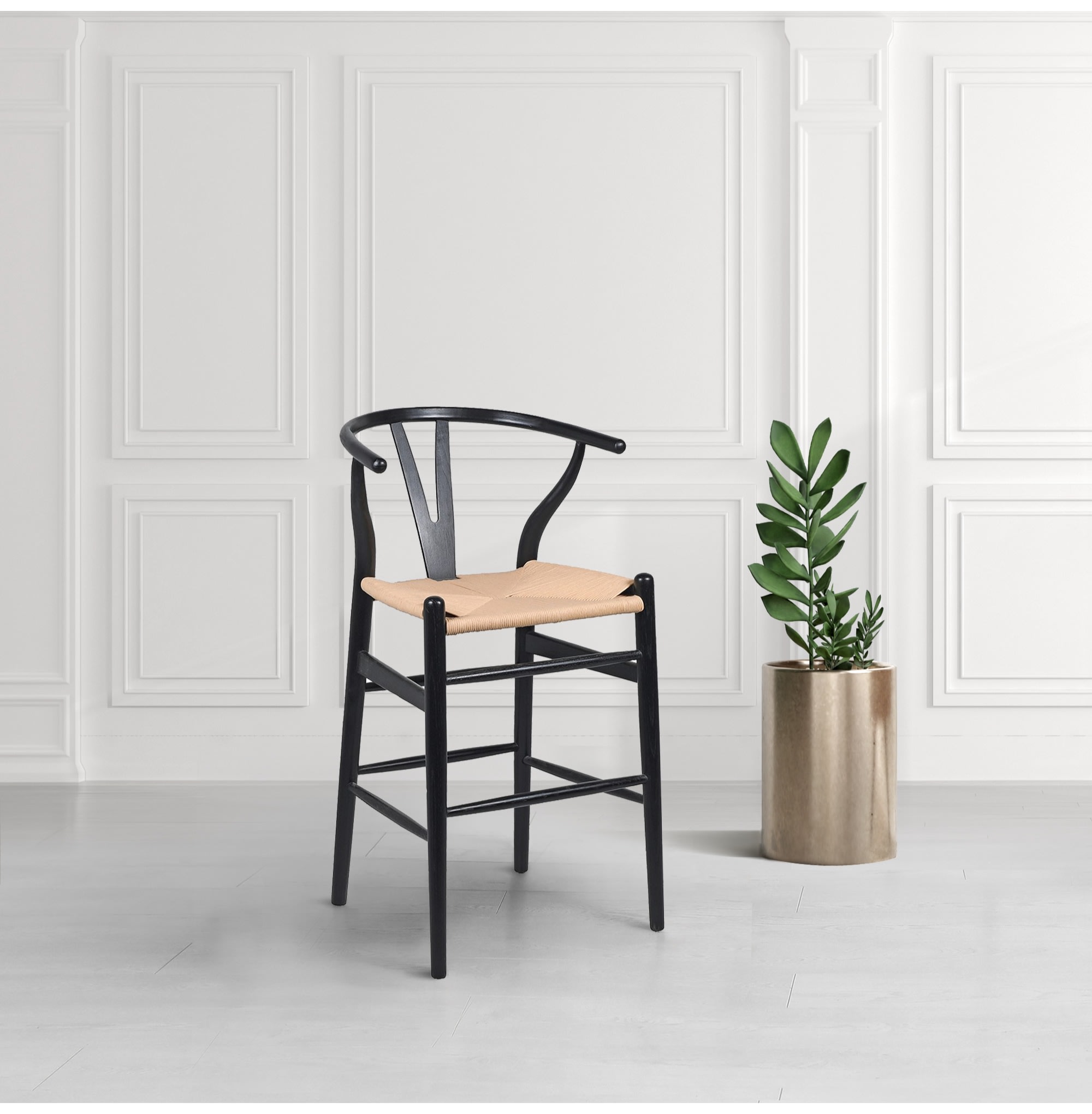 Wishbone Black and Rattan Bar Stool