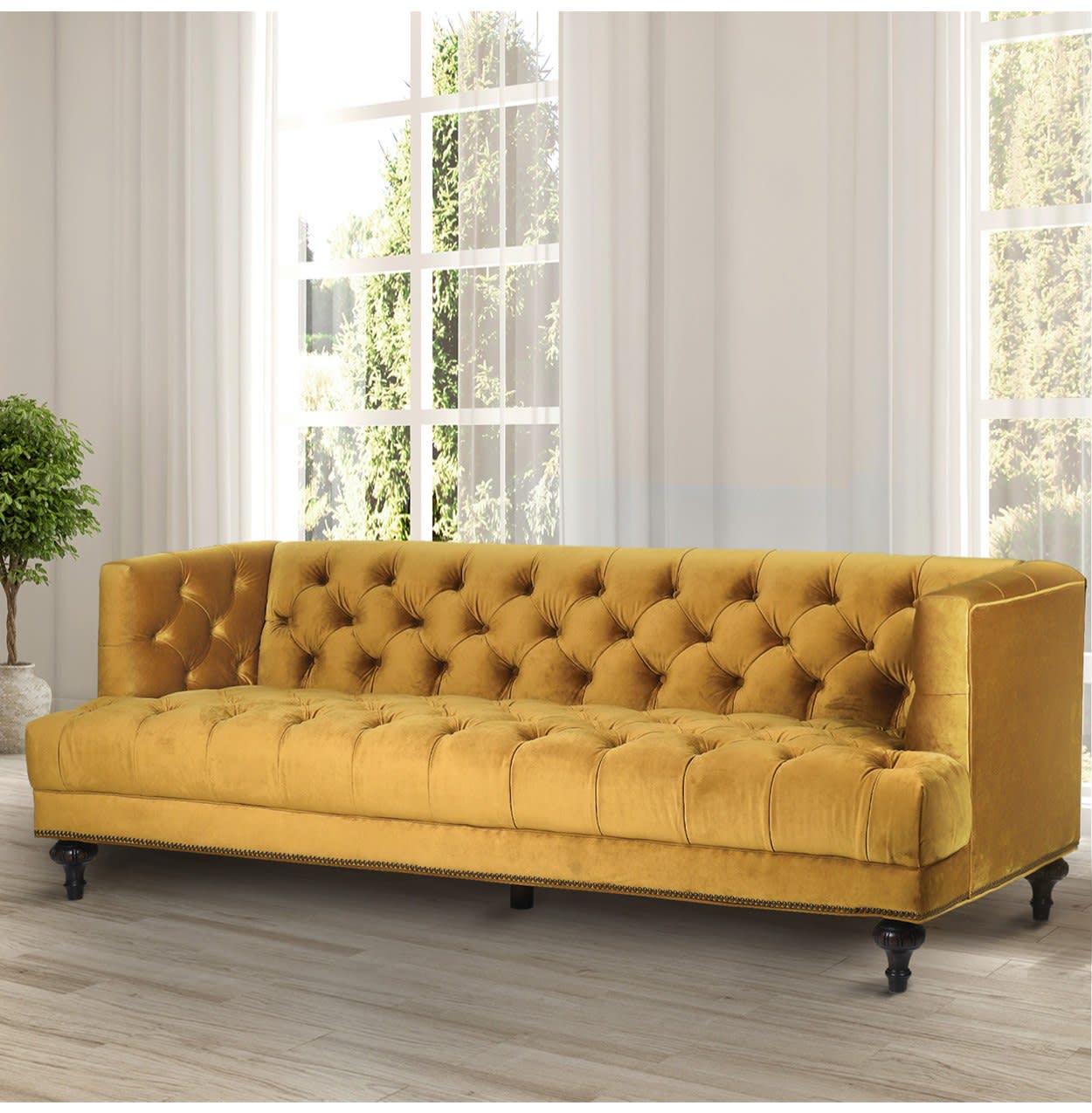Mustard Yellow Velvet Buttoned Back 3 Seater Sofa