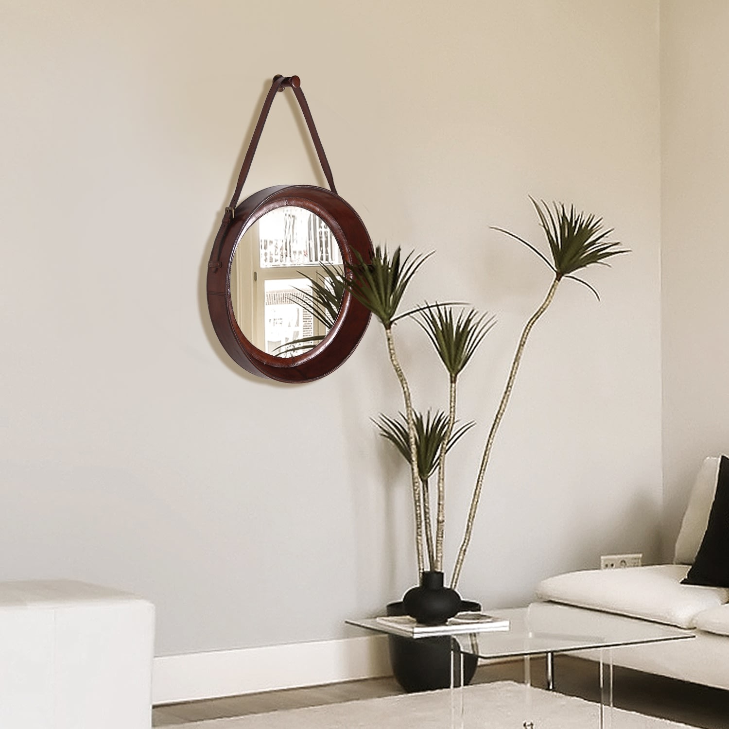 Round Leather Mirror with Hanging Strap