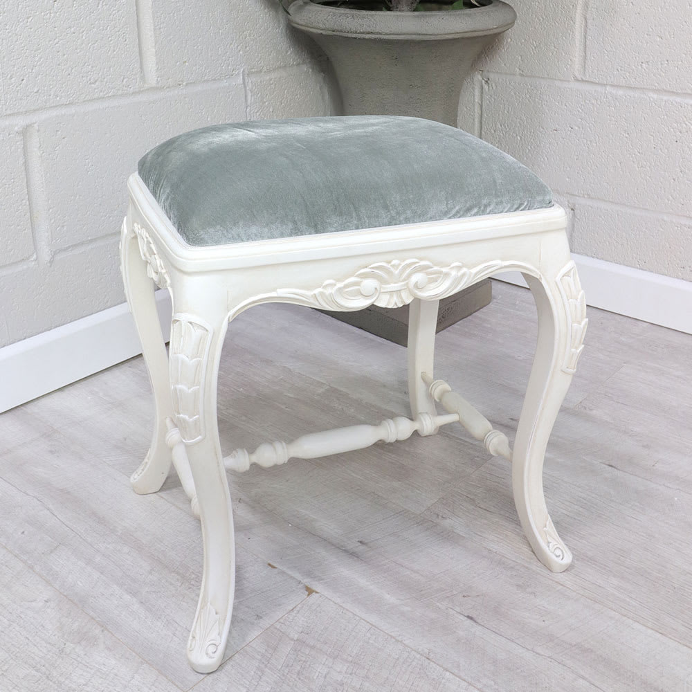 French White Dressing Stool Grey Velvet