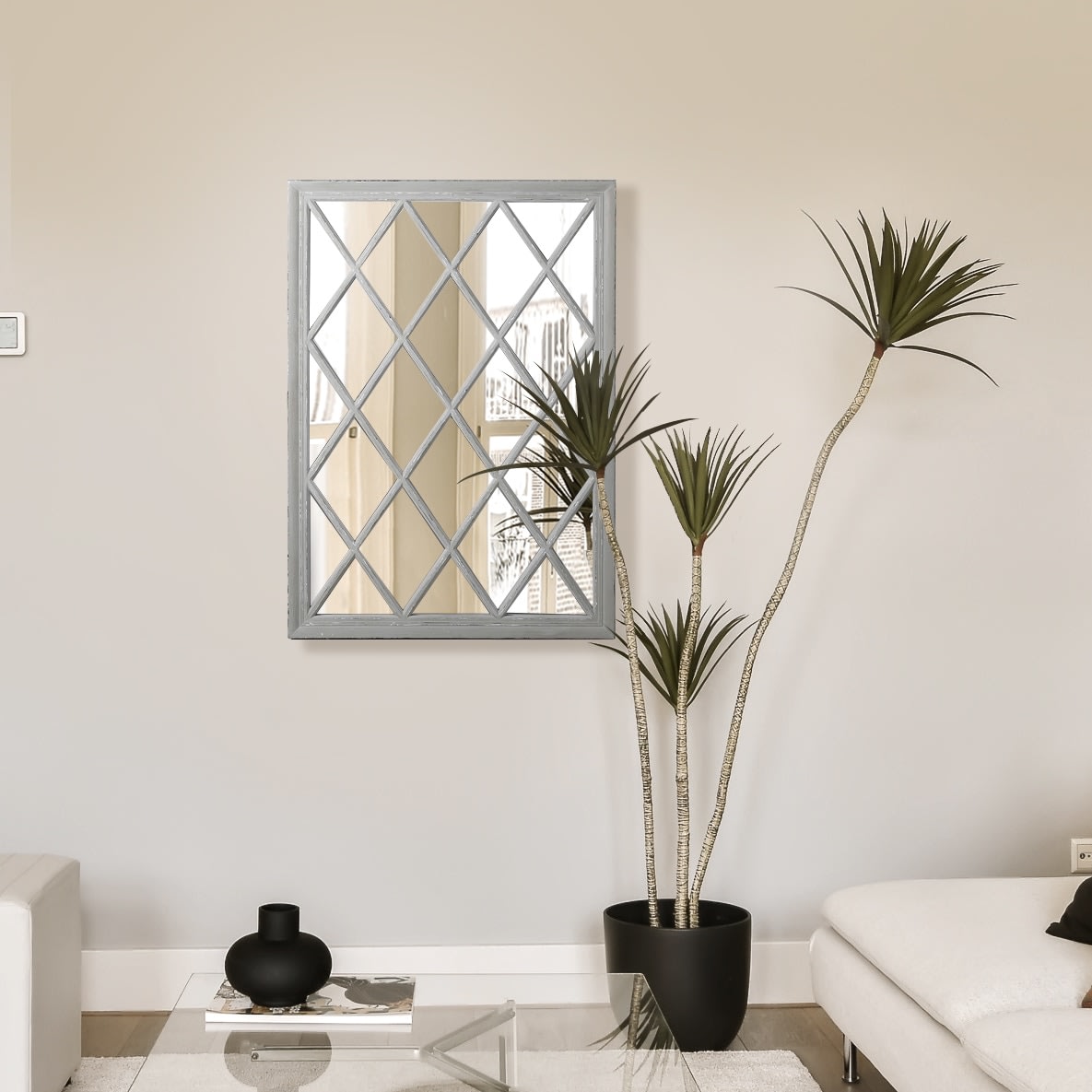 Grey Diamond Lattice Frame Wall Mirror