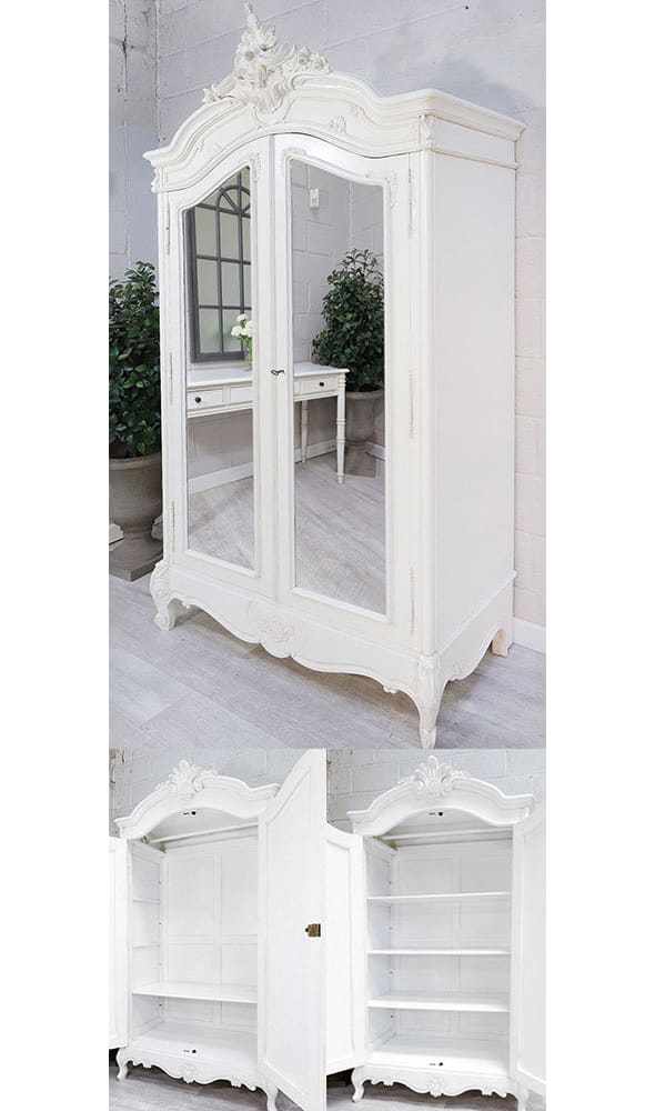 French Style White 2 Door Mirrored Armoire Wardrobe