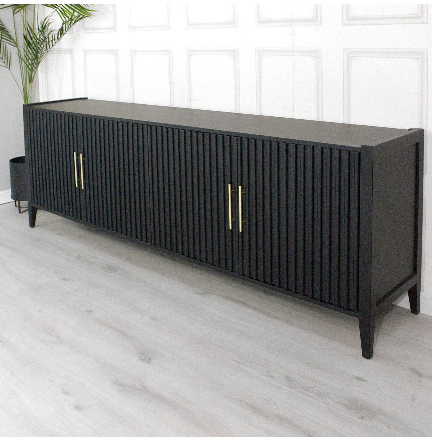 Black Ribbed Large Sideboard with Gold Handles