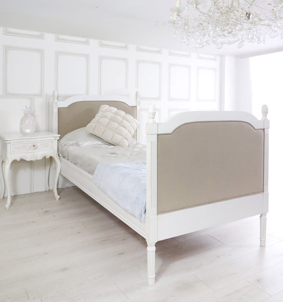 French Style White 3ft Single Linen Panel Bed