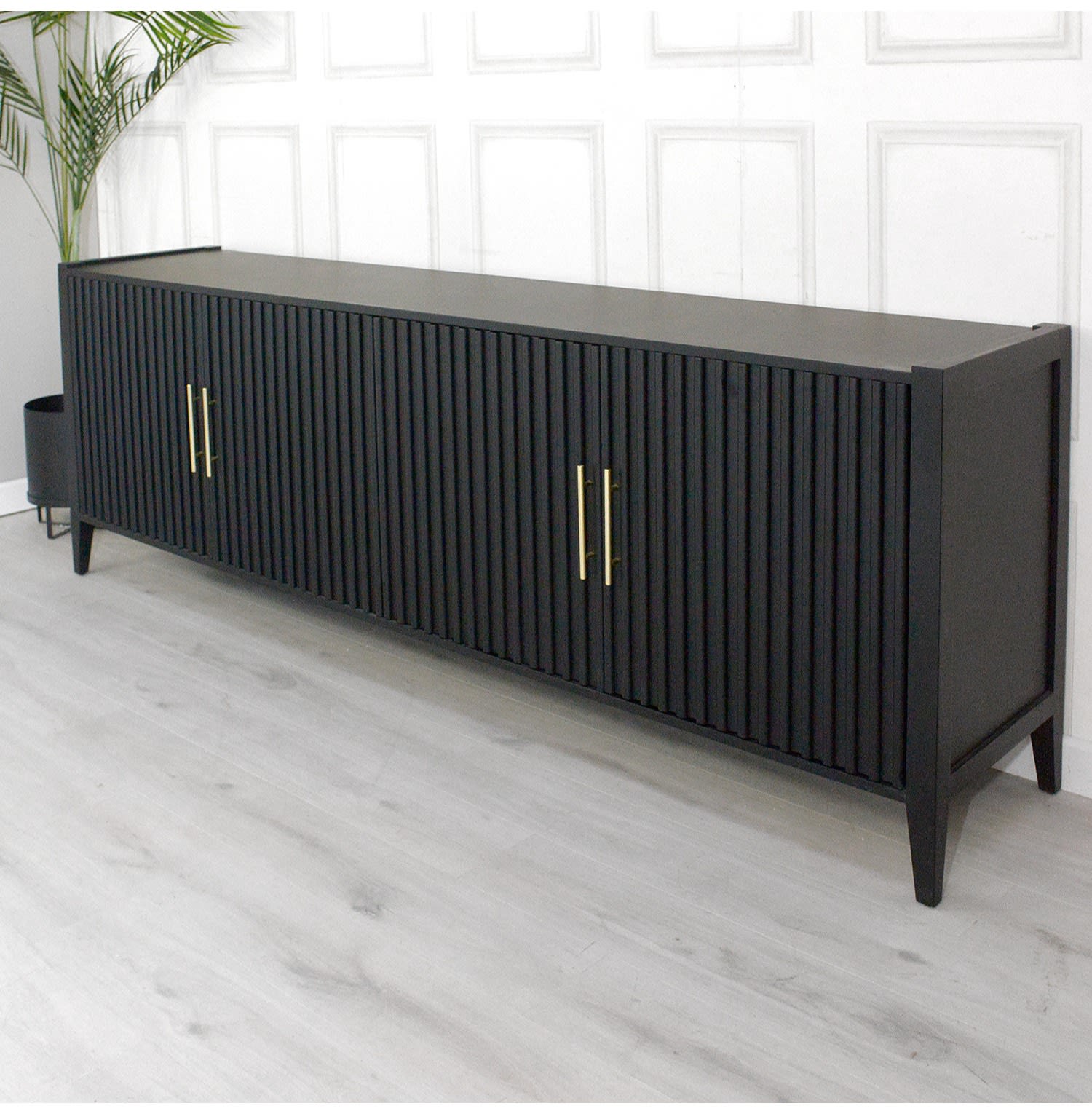 Black Ribbed Large Sideboard with Gold Handles