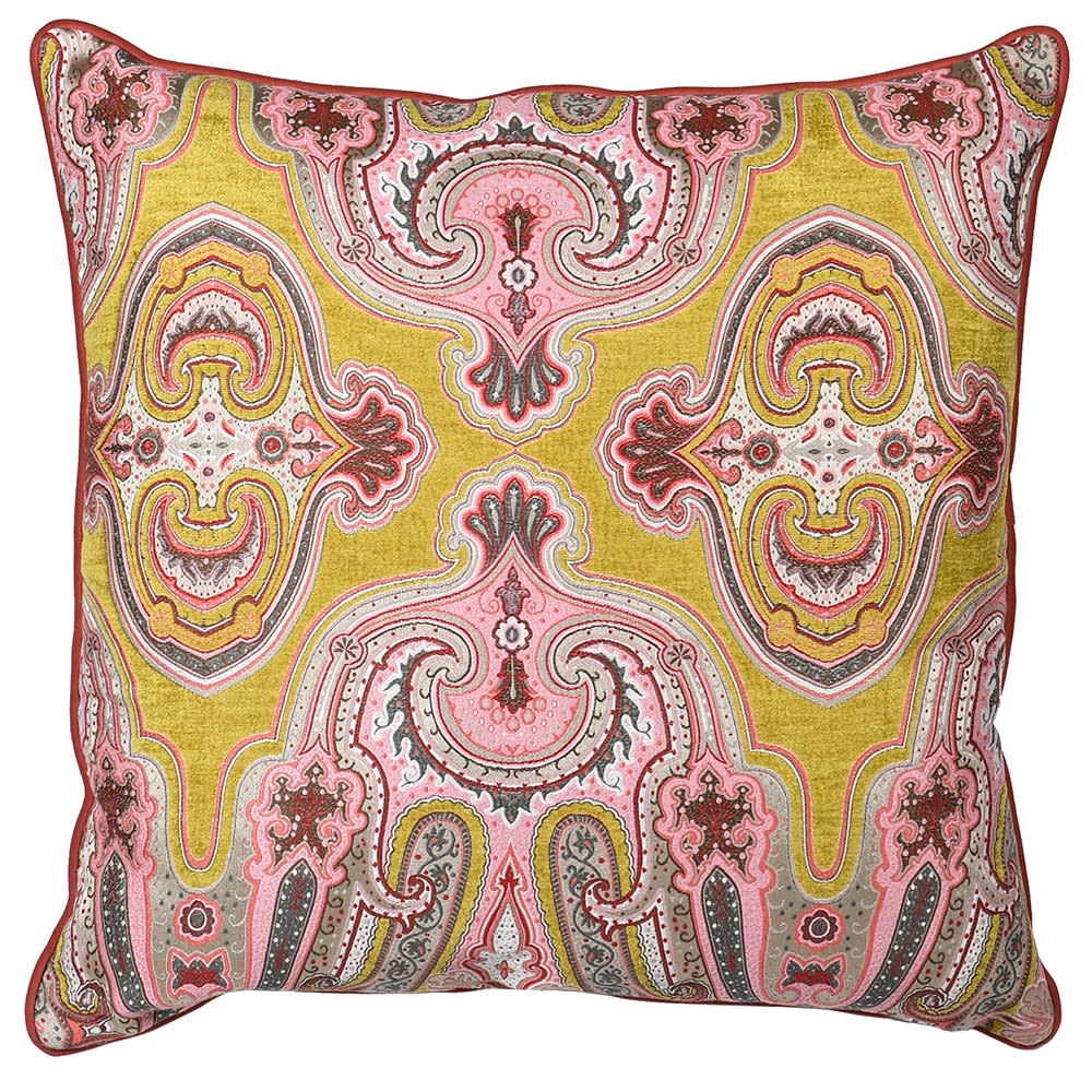 Paisley Embroidered Coral and Mustard Cushion