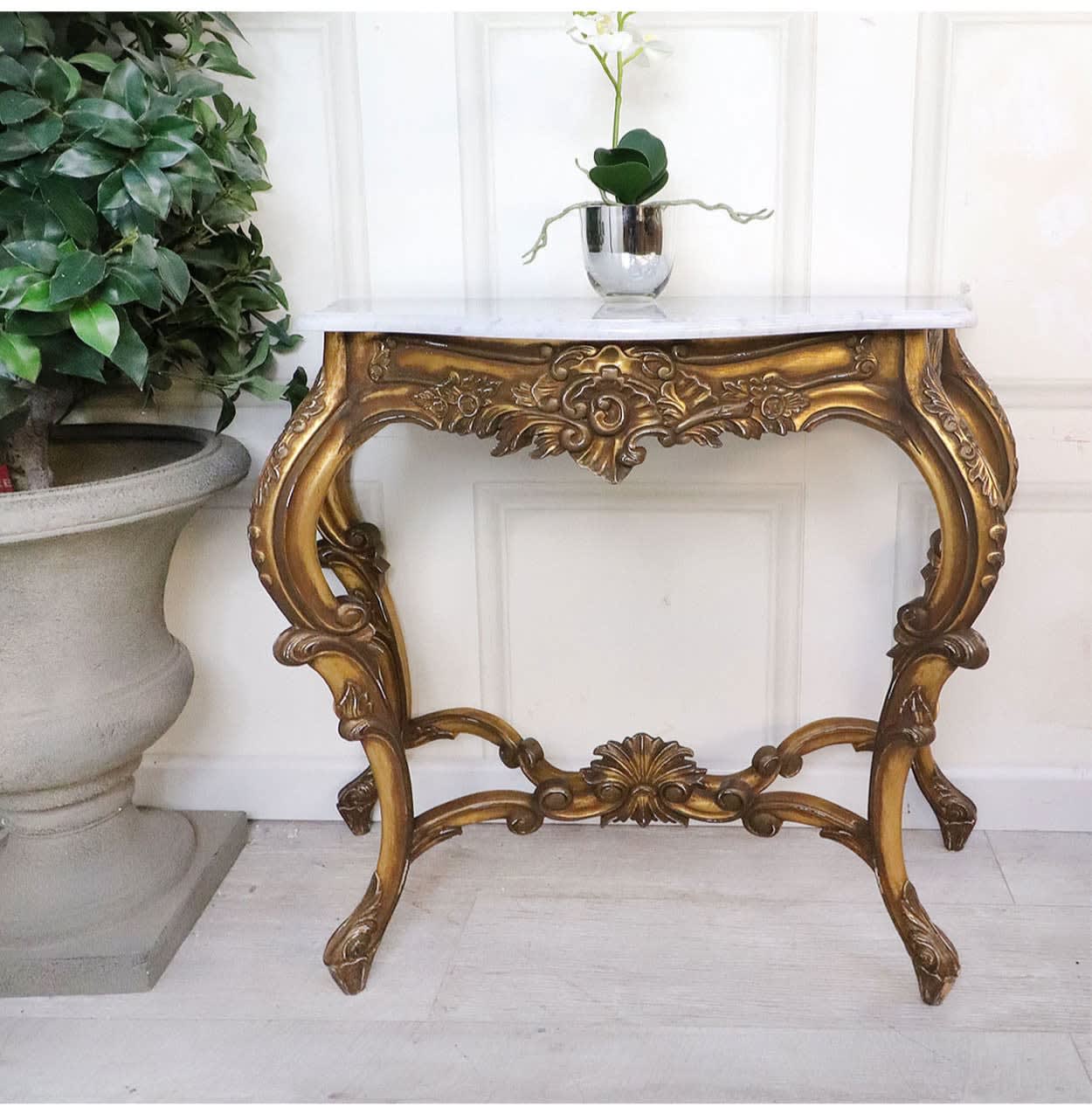 French Style Gold Gilt Marble Top 4 Leg Console