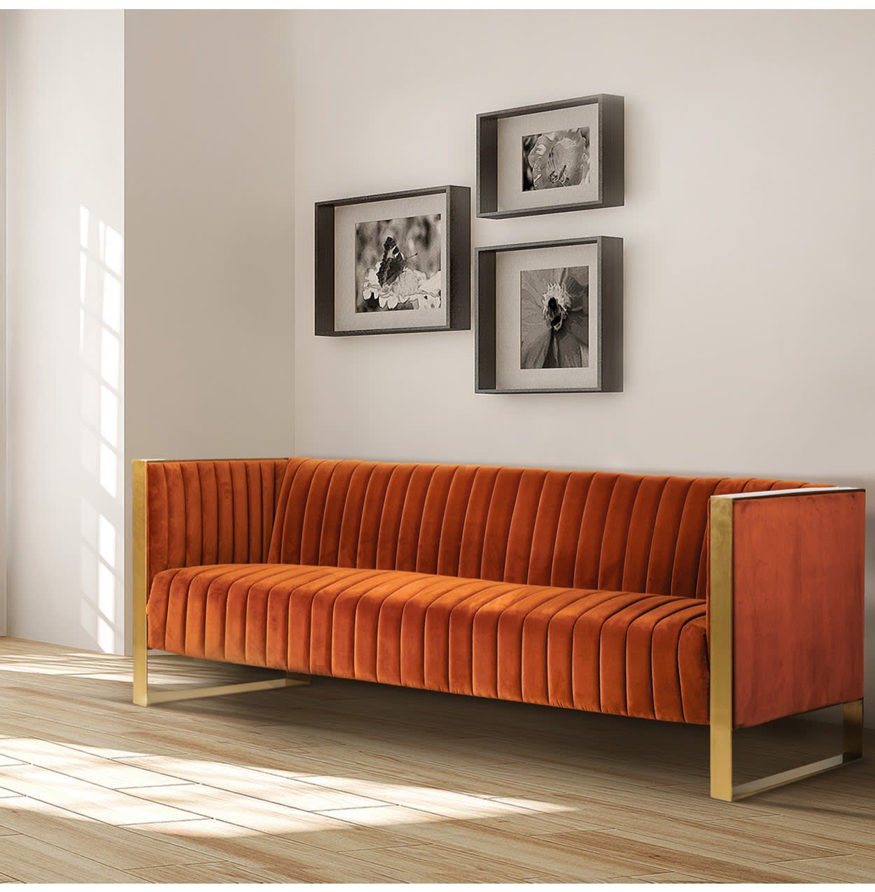 Orange Velvet And Gold Metal 2 or 3 Seater Sofa