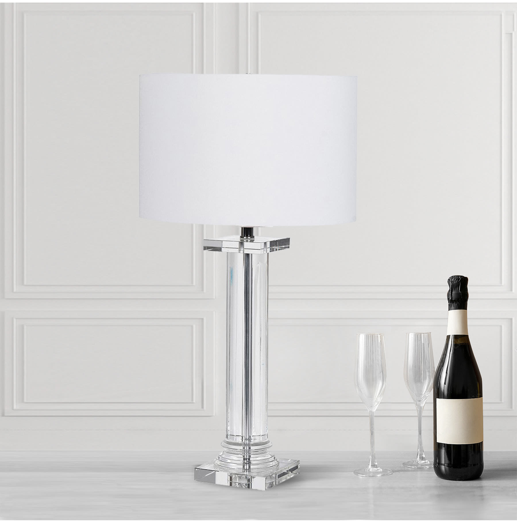 Glass with White Shade Table Lamp