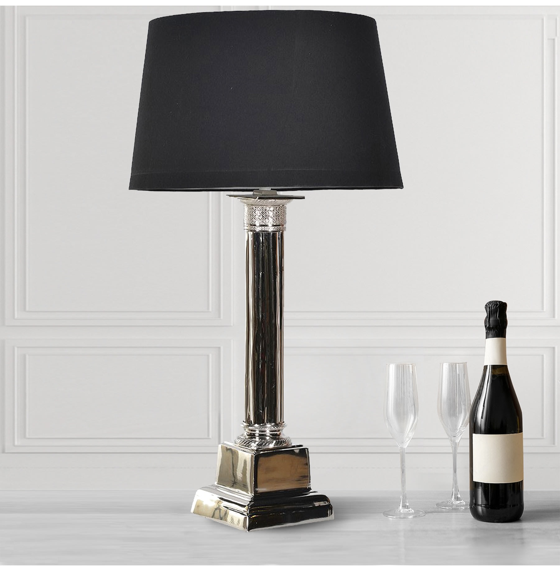 Nickel Column Black Shade Table Lamp