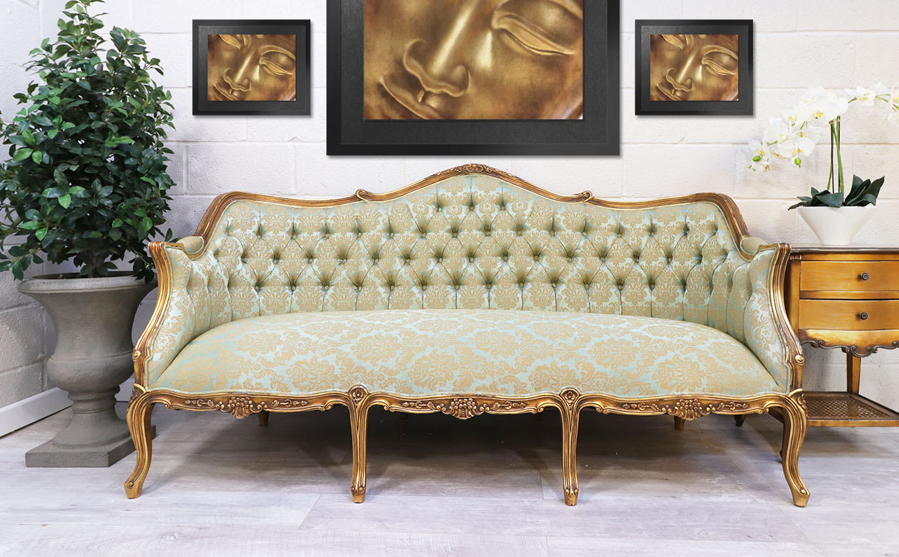 French Style Gold Gilt Patterned Silk Sofa Large (3 Available)