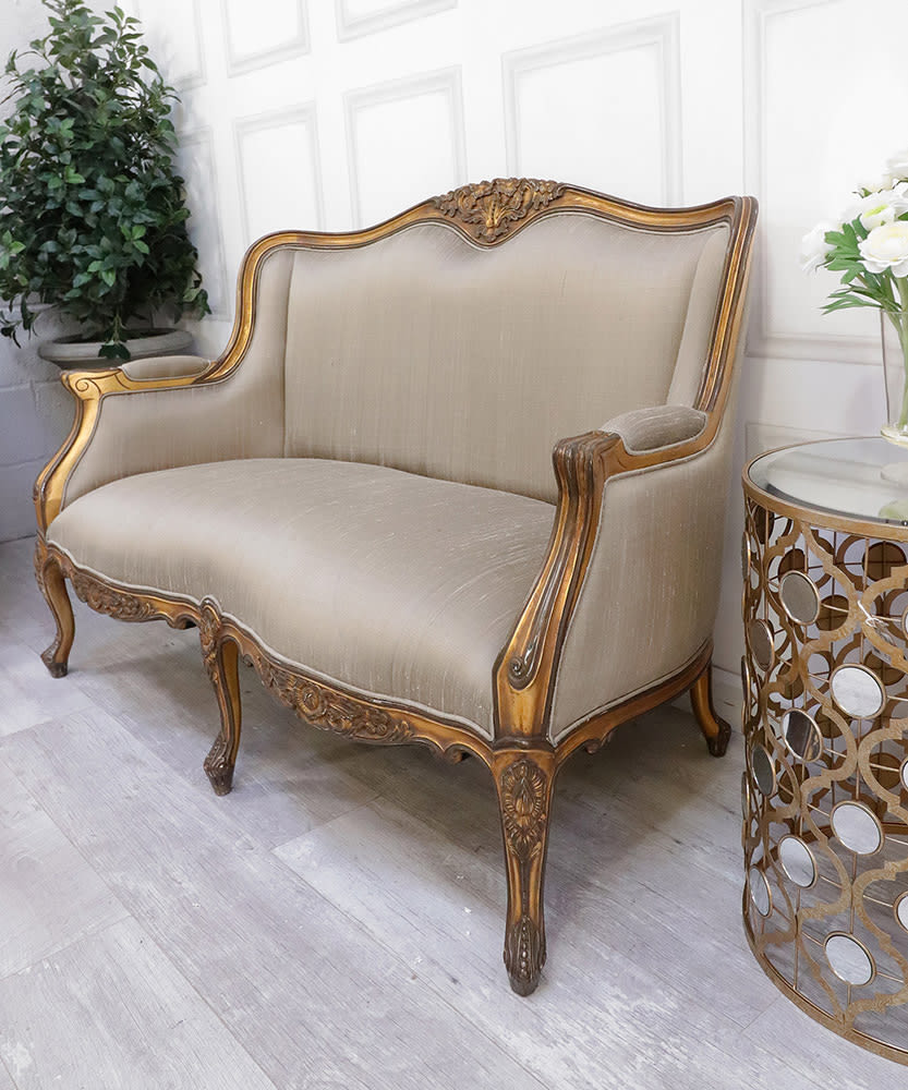 French Style Gold Gilt 2 Seater Settee Silk