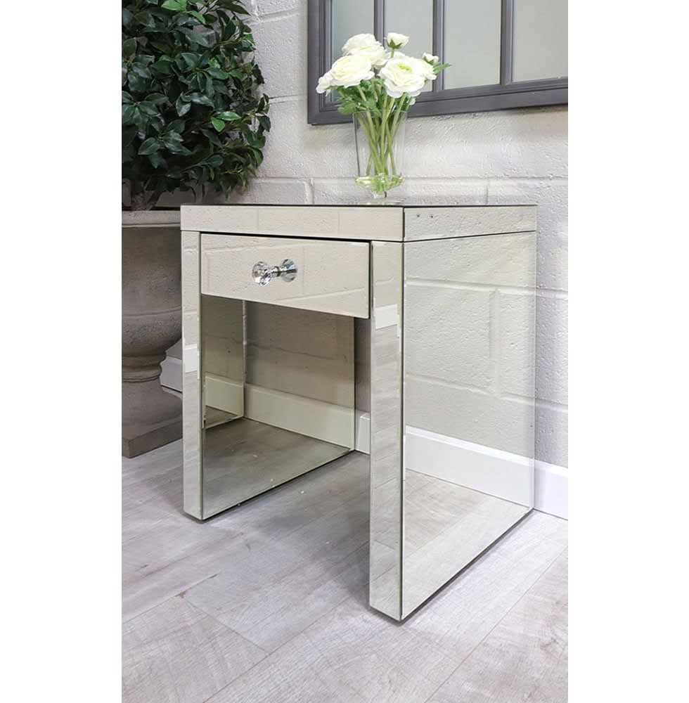 Mirrored Glass 1 Drawer Bedside Table