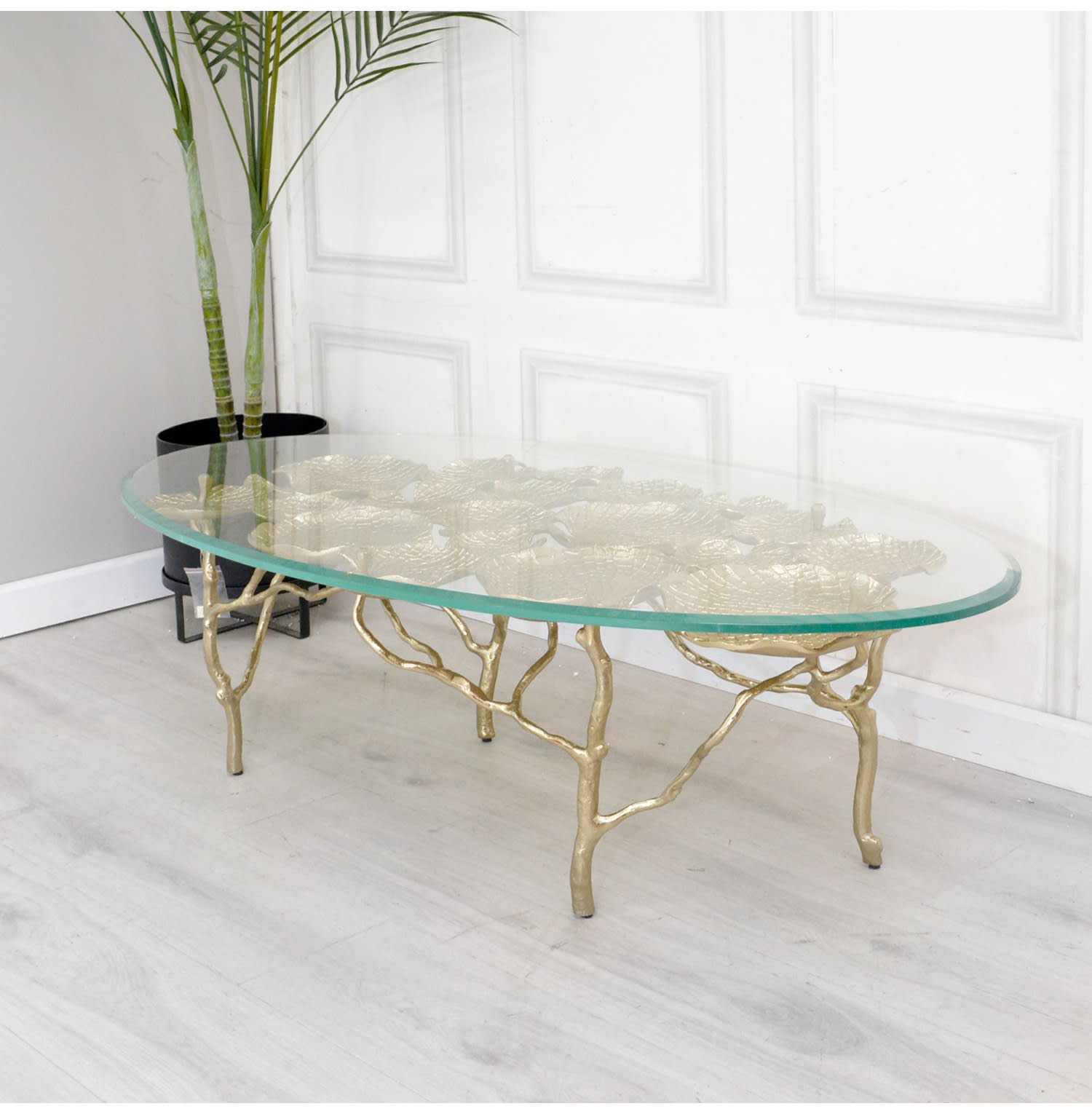 Golden Lily Pad Coffee Table with Glass Top