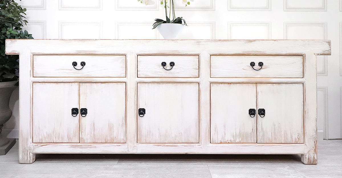 White Finish Oriental Style 5 Door Sideboard