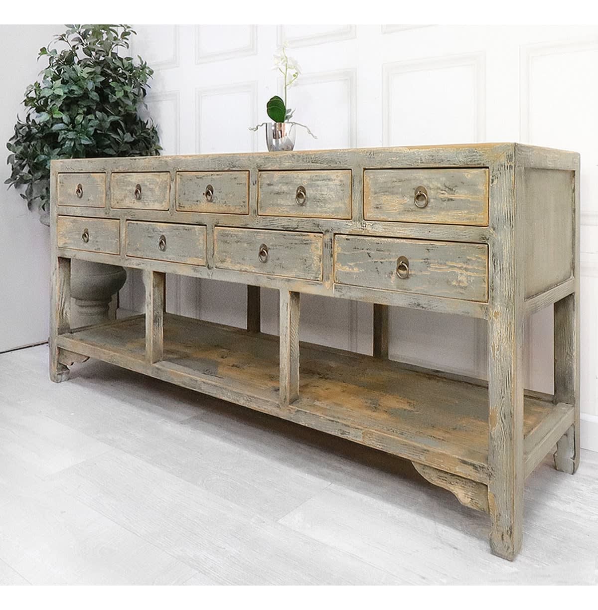 Oriental Style Grey Wash 9 Drawer Sideboard