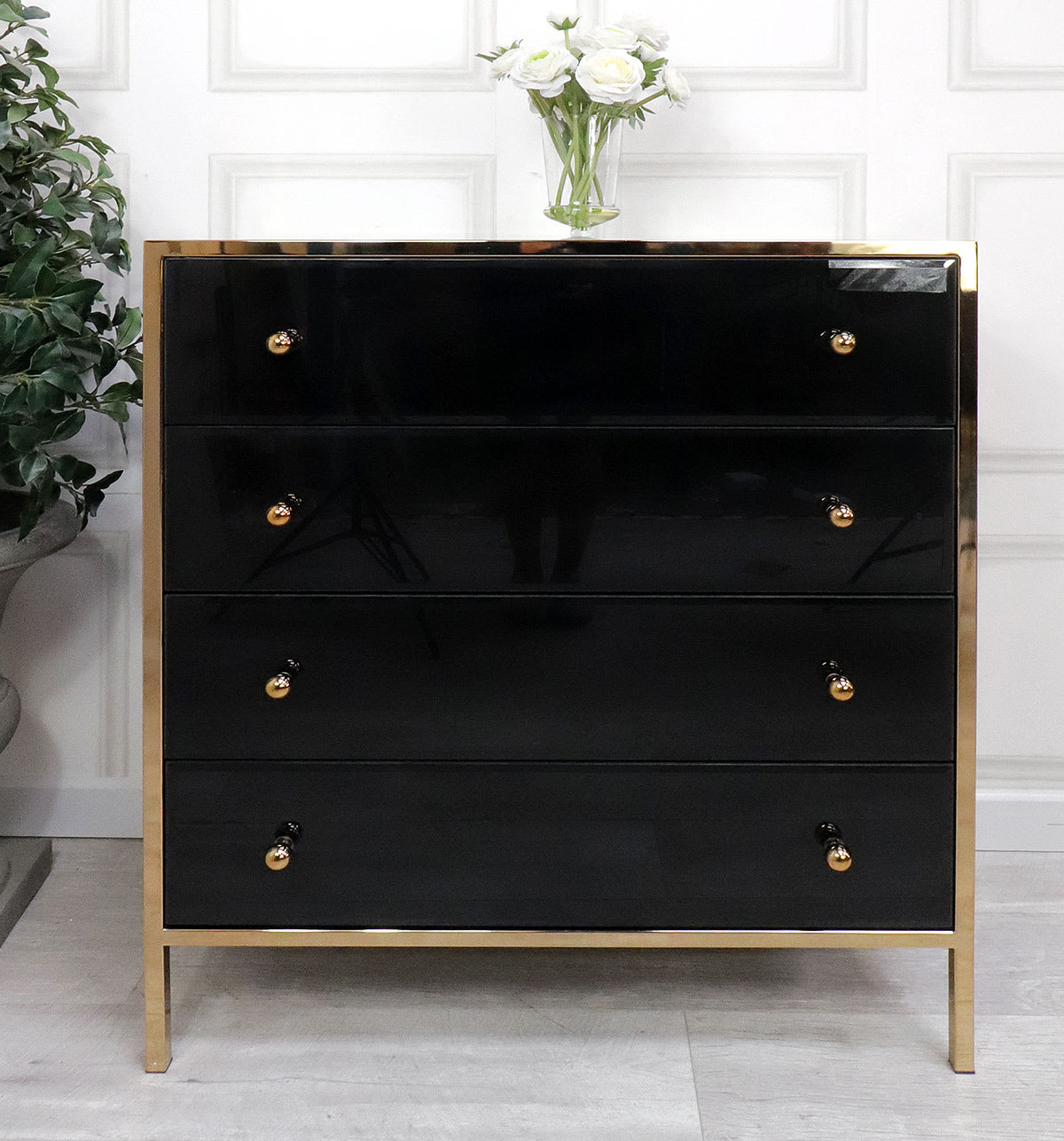 Doha Black Glass and Gold Chest of Drawers