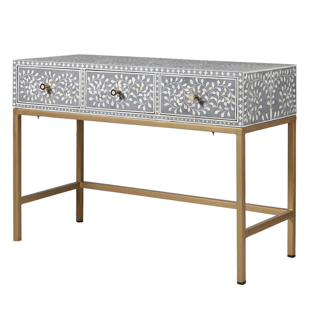 Floral Inlay Grey Hall Console Table with Drawers